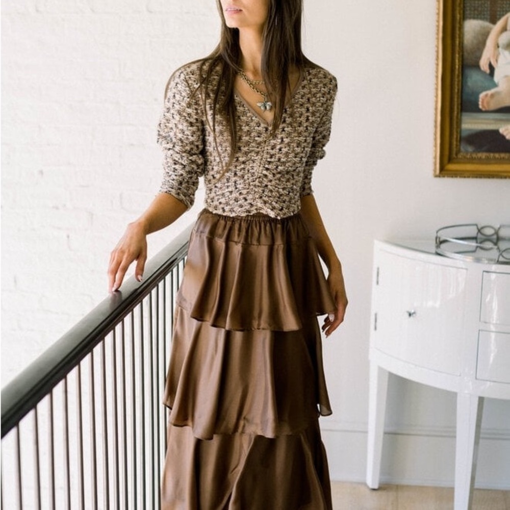 NWT SHUG Women’s Multi Tweed 3/4 Sleeve Top Beige Brown Holiday Size XS - Picture 2 of 11